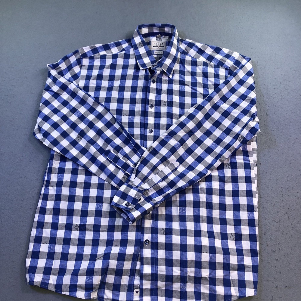 Haupt Germany DRESS Shirt Mens Large 41/42 Regular Fit L/S BLUE GRY WHT CHECK